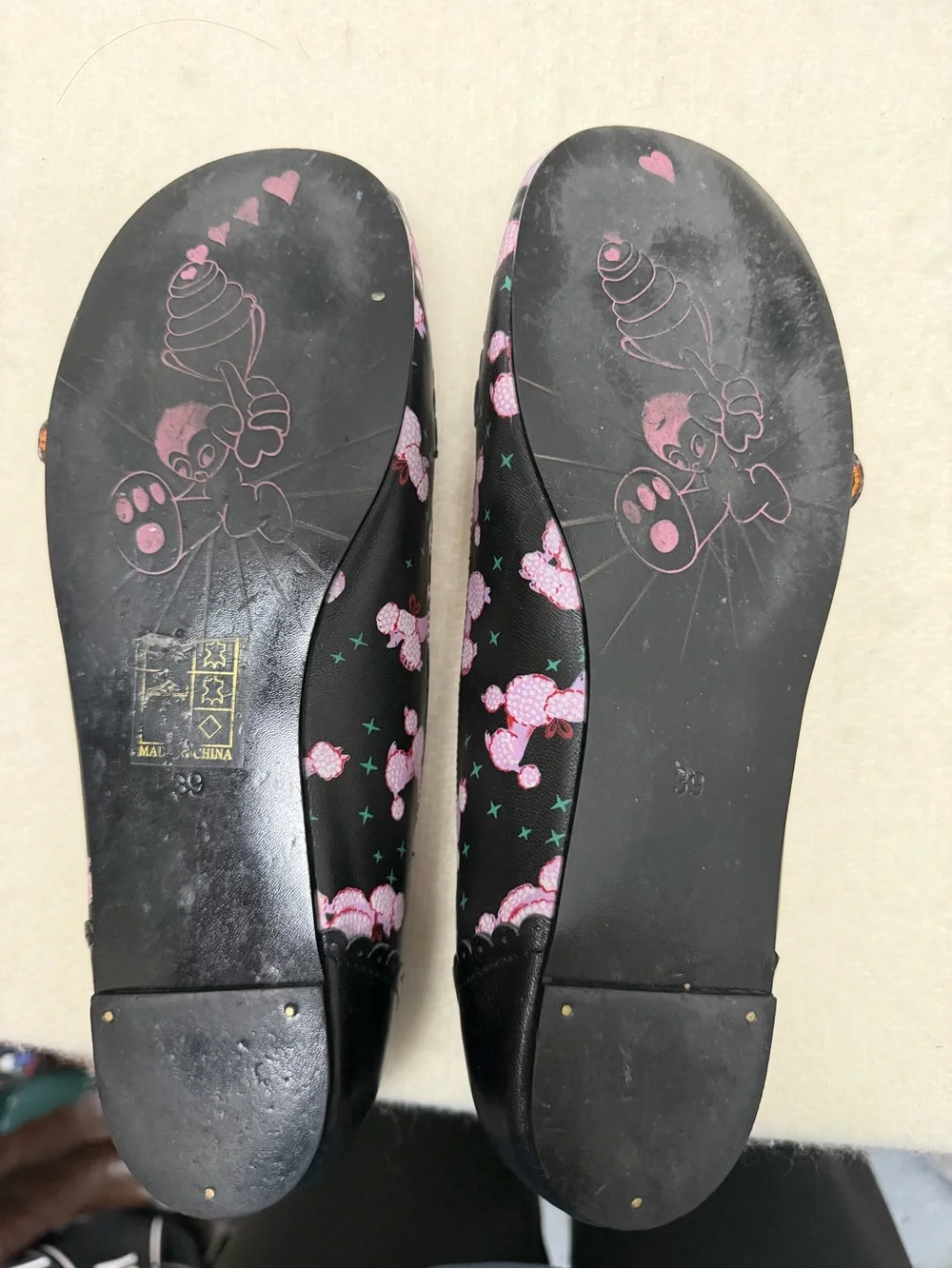 Irregular Choice Black Mary Jane Flats with Pink Poodle Motif